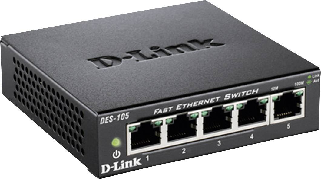 Switch Ethernet Fast con cinque porte e indicatori LED per la connessione di rete. Nome del marchio 'D-Link' sulla parte superiore.