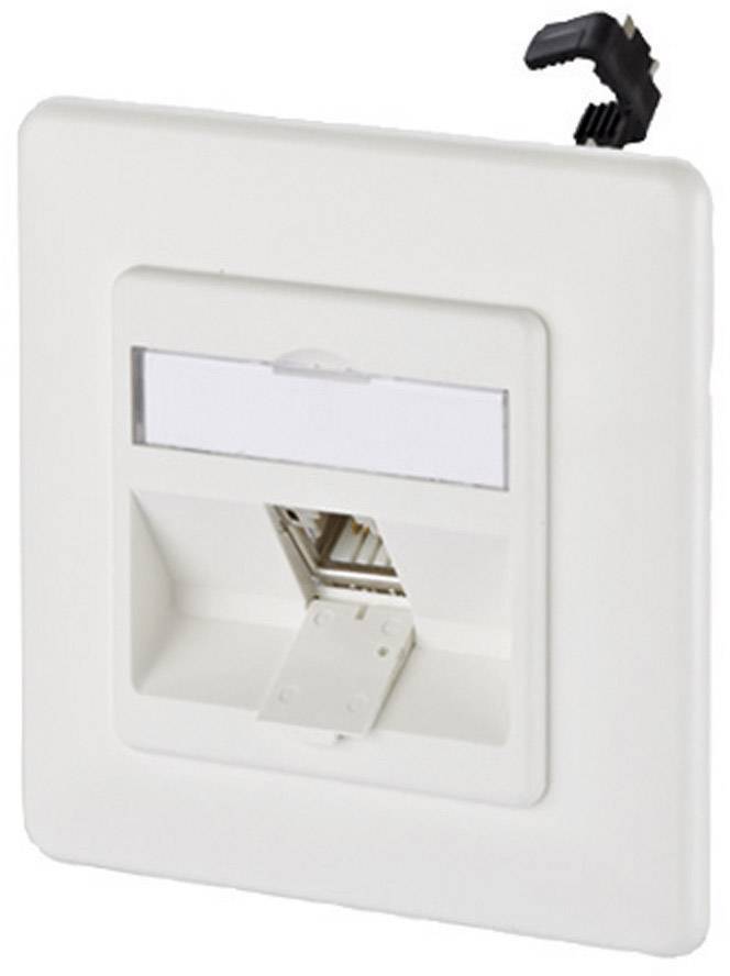 Presa di rete bianca con connettore RJ45 aperto. Sopra il connettore è presente un campo per l'etichettatura. Un gancio tiene aperto il coperchio.
