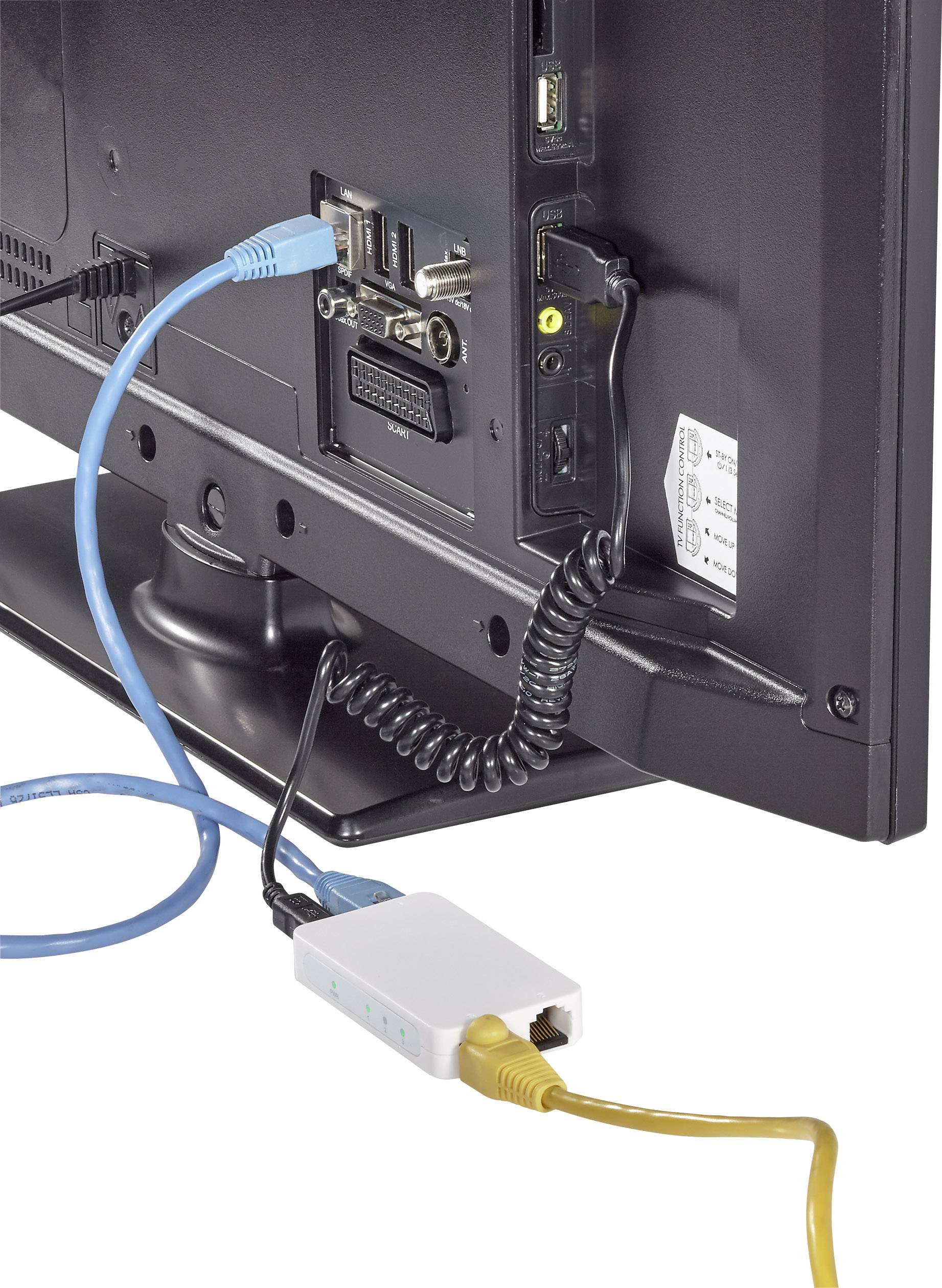 Un televisore con connessioni via cavo e un adattatore di rete che collega due cavi; un cavo blu e uno giallo.