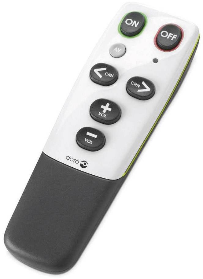 Telecomando con tasti grandi: 'ON', 'OFF', 'CH+', 'CH-', 'VOL+', 'VOL-', 'AV'. Adatto per un utilizzo semplice.