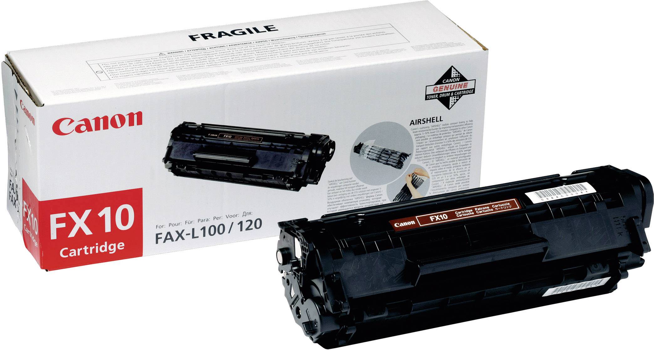 Cartuccia toner Canon FX10 accanto alla sua confezione, adatta per FAX-L100/120. La confezione mostra l'immagine del prodotto e un avviso di 'fragile'.