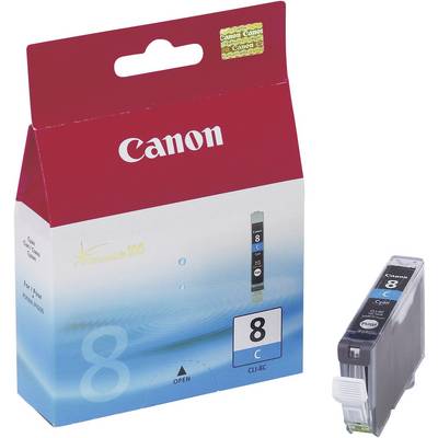 Una cartuccia di inchiostro Canon color ciano, modello 8C, accanto alla relativa confezione.