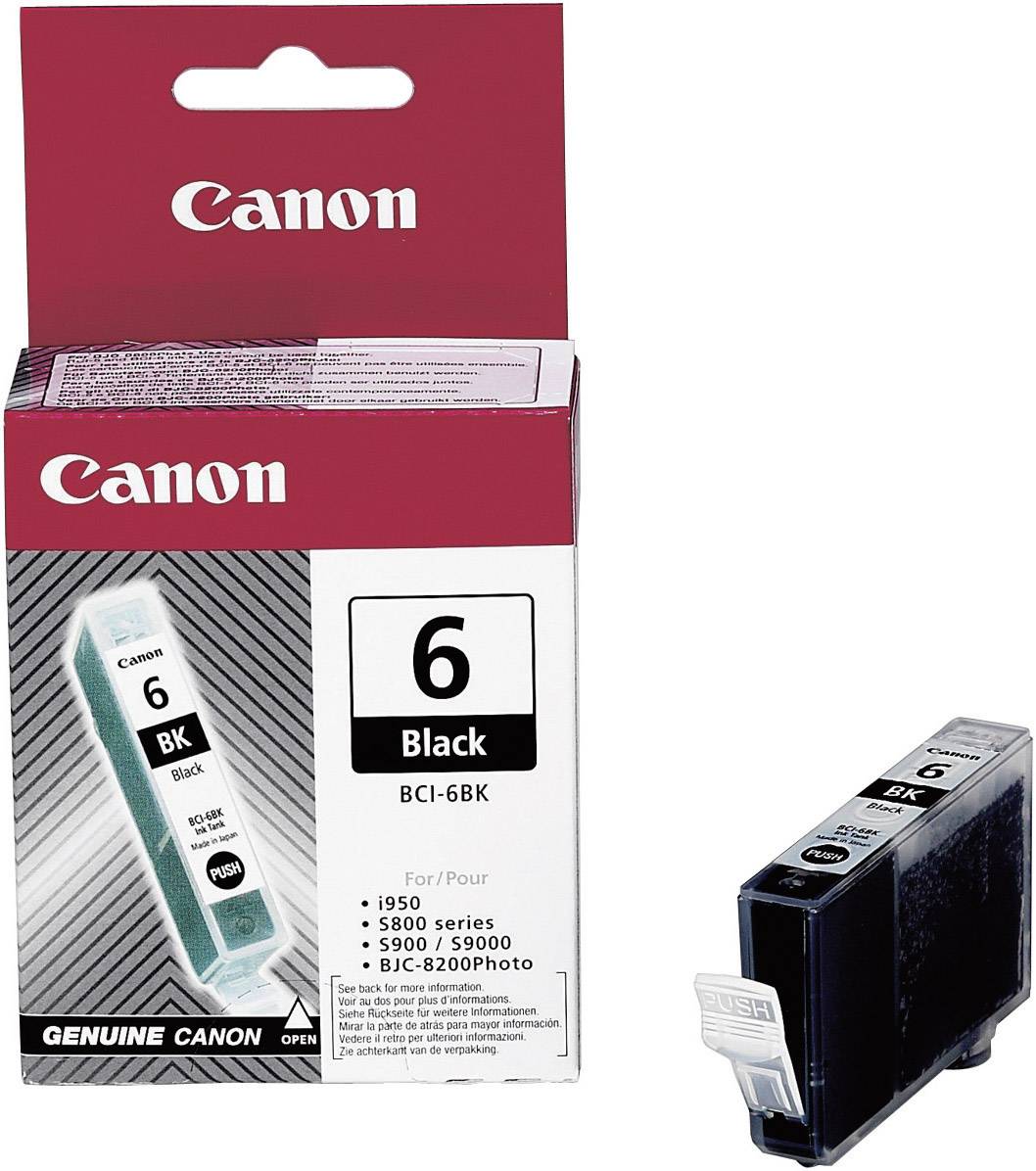 Una cartuccia d'inchiostro nera Canon BCI-6BK accanto alla sua confezione, che mostra informazioni come '6 Black Genuine Canon', adatta a specifici modelli di stampante.