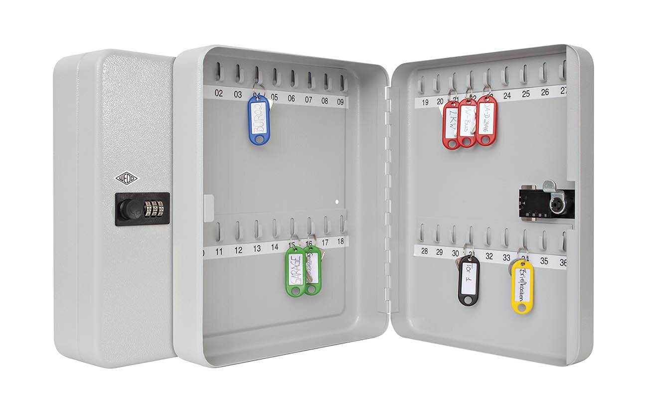 WEDO Schlüsselschrank mit mechanischem Zahlenschloss, für 36 Schlüssel, flach, lichtgrau, 3-stelliges Zahlenschloss, aus-2