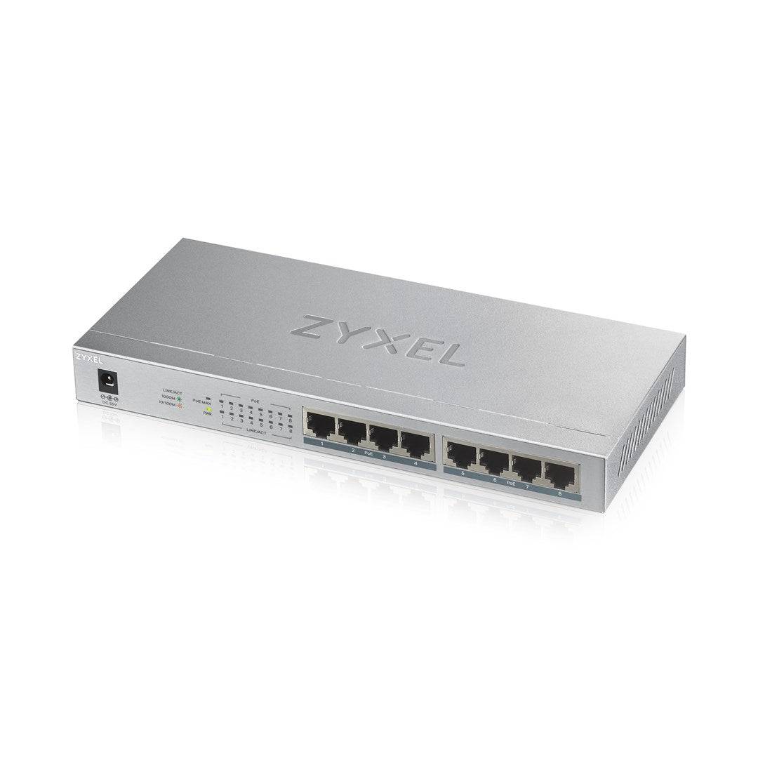 Zyxel switch unmanaged 8 porte gigabit (8 porte poe, fino a 60w), chassis metallo, desktop porte poe, fino a 60-0