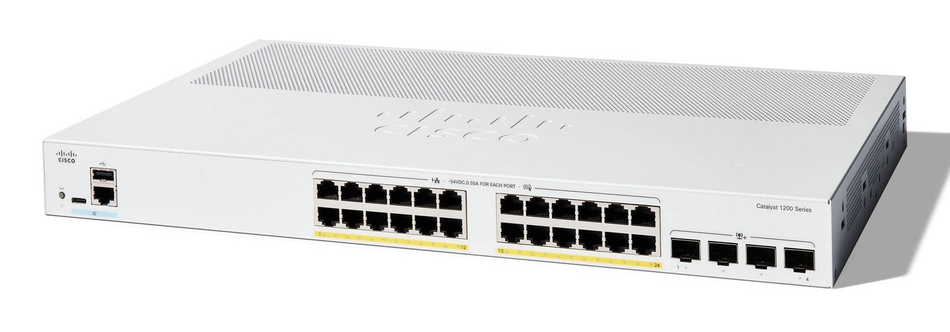 Cisco catalyst 1200-24p-4x seitch gestito l3 - 24 x 10/100/1000 (poe+) + 4 x 10gb ethernet sfp+ poe+ (195 w) montabile s-0