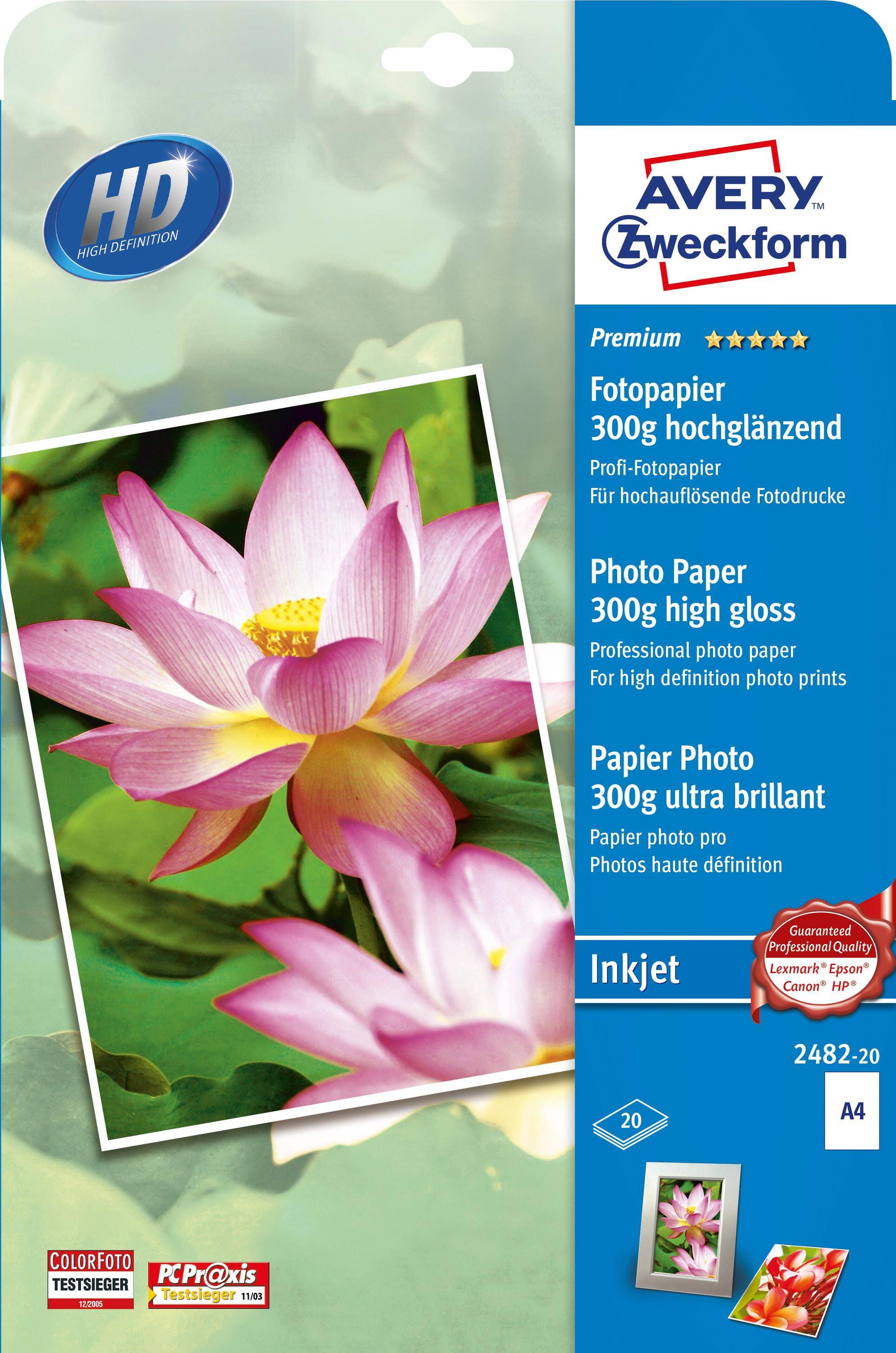 Avery Zweckform Premium Inkjet Photo Paper 2482 - Hochglänzend - weiß - A4 (210 x 297 mm) - 300 g/m² - 20 Blatt Fotopapi-4