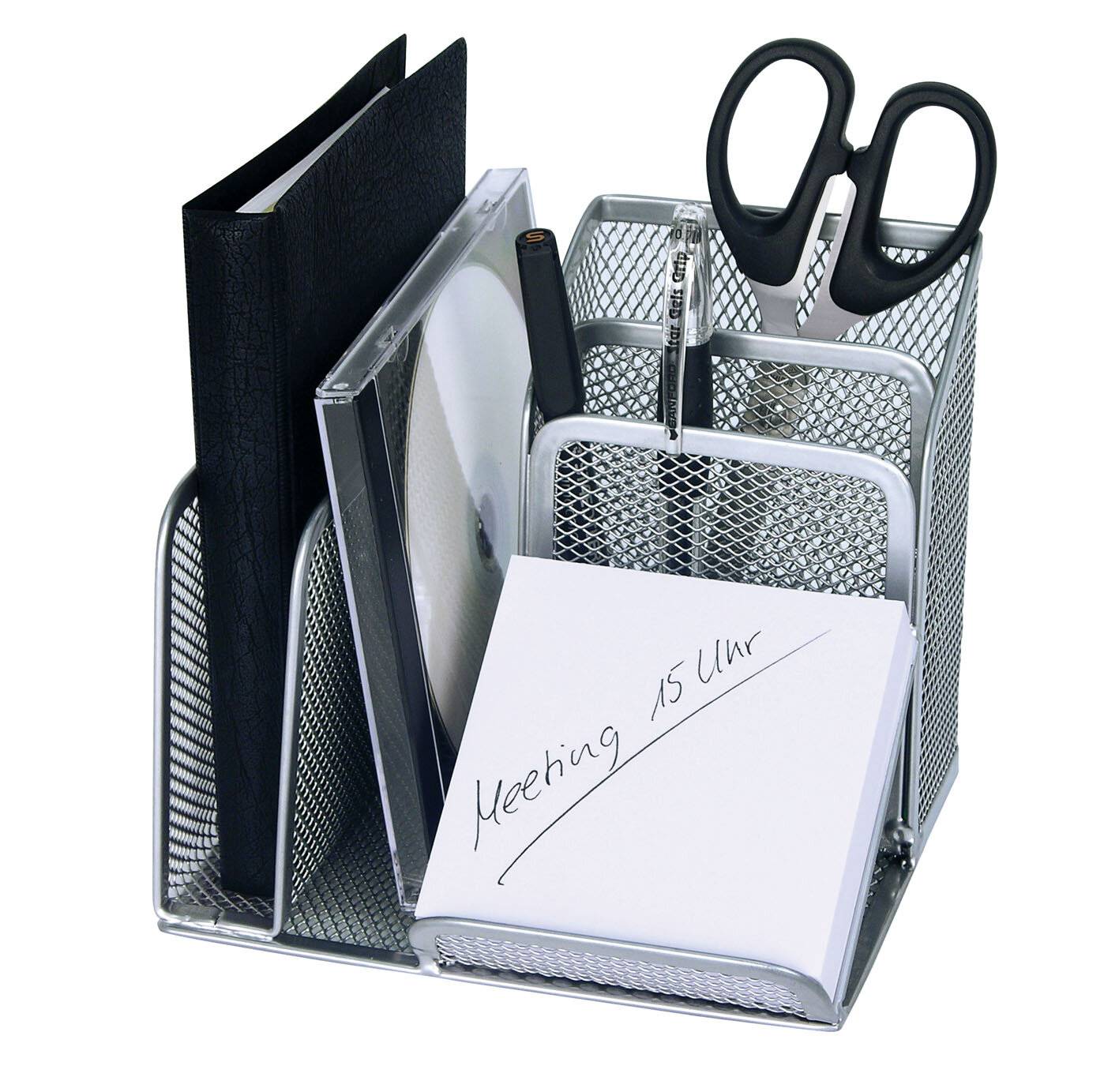 WEDO Multiköcher Office, 4 Fächer, aus Drahtmetall, silber aus pulverbeschichtetem Drahtmetall, mit Schrägablage für (65-3