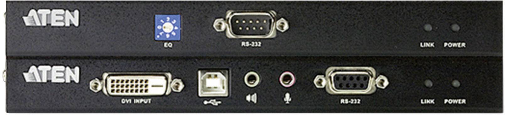 Due dispositivi con molteplici possibilità di connessione, tra cui RS-232, DVI, USB, connessioni audio e EQ, nonché LED di collegamento e alimentazione.