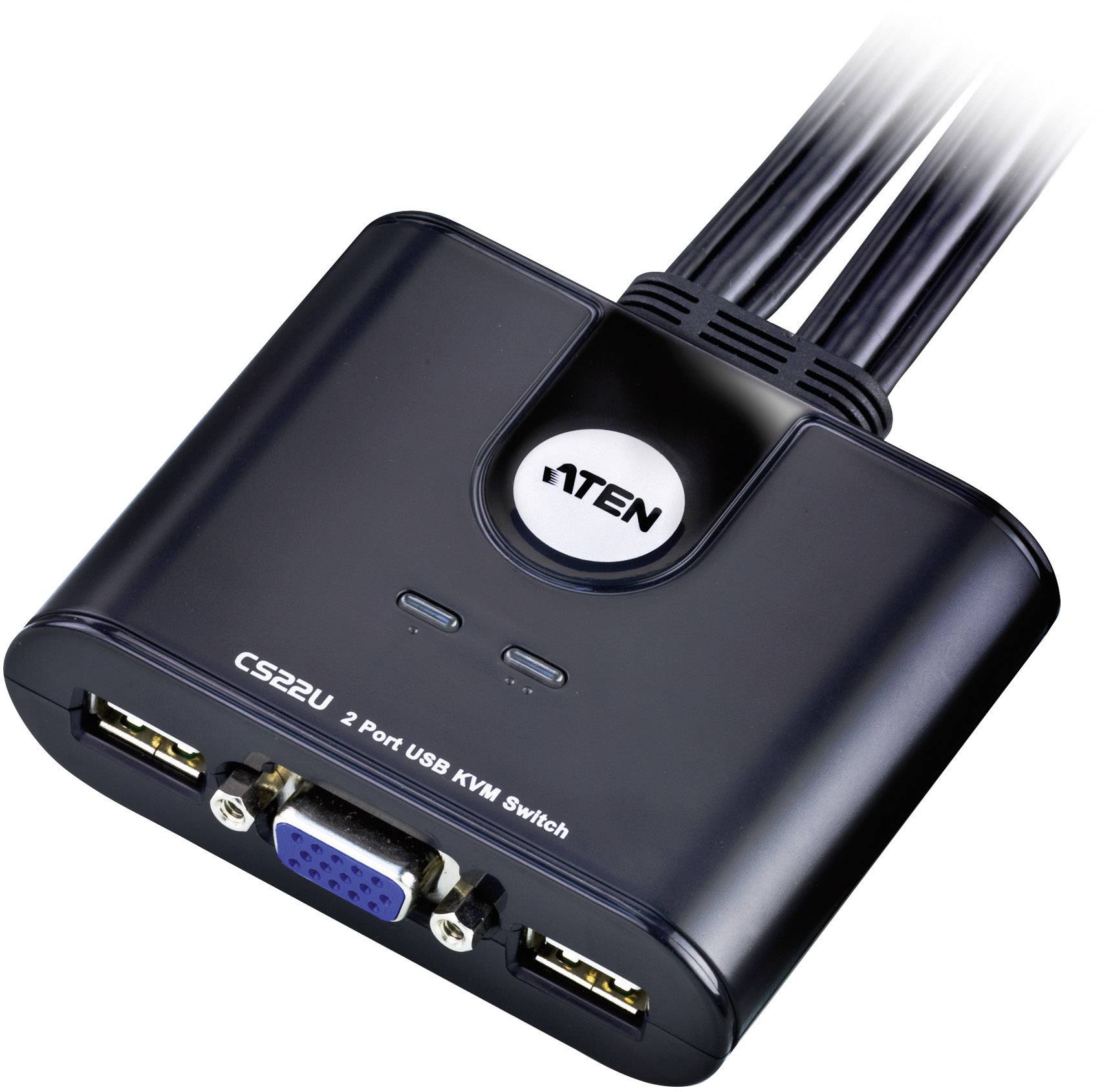 Un interruttore KVM USB a 2 porte ATEN nero con cavi. Sono visibili due porte USB e una porta VGA. Numero modello: CS22U.