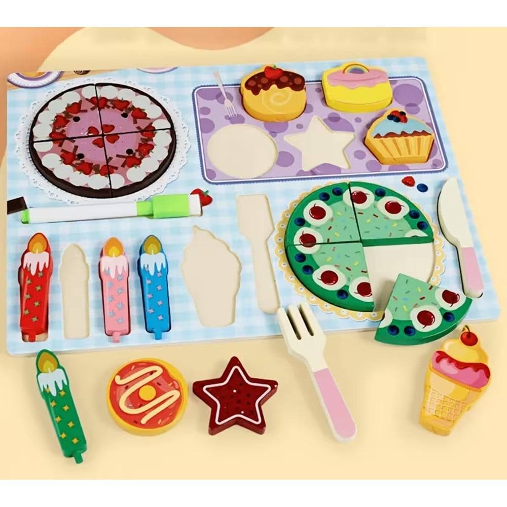 Set Puzzle Lavagna Gioco In Legno Reversibile Educativo Bambini Tema Dolci Torte 32375 --1