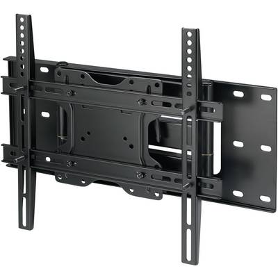 Supporto TV da parete in metallo nero, regolabile, con più bracci e fori per opzioni di fissaggio flessibili.
