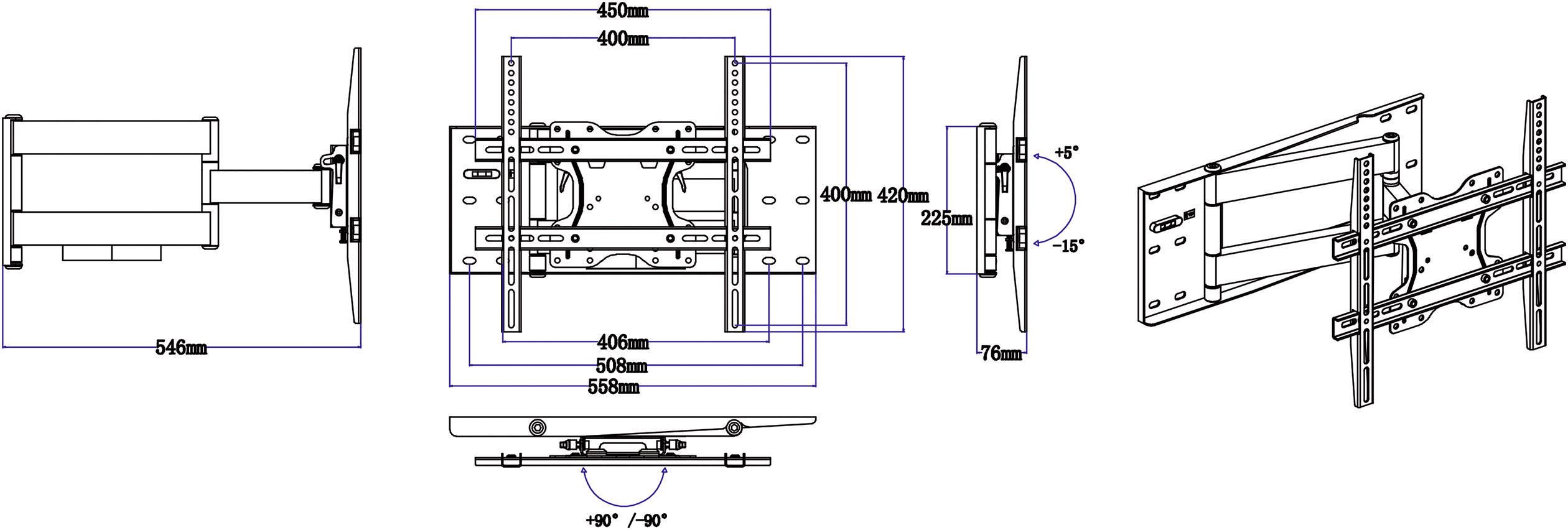 'Illustrazione di un sistema di supporto a parete per TV con bracci regolabili e misure precise. Mostra diverse angolazioni e gradi di inclinazione.'