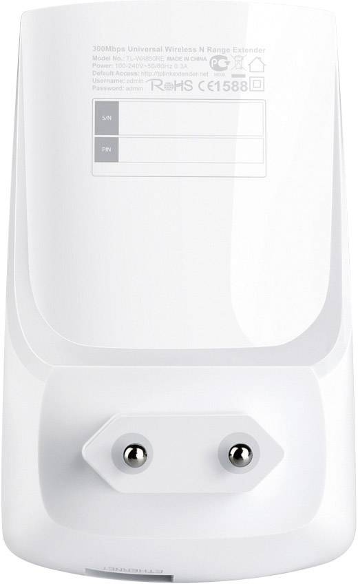 Un ripetitore wireless N universale bianco da 300 Mbps con spina europea, idoneo per estendere il segnale Wi-Fi.
