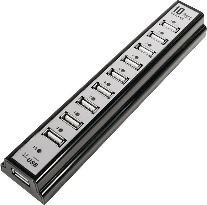Un hub USB nero con 10 porte, numerate da 1 a 10. In alto a destra è visibile '10 port HUB' e in basso 'USB 2.0'.