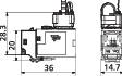Disegno tecnico di un componente con dimensioni: larghezza 36 mm, altezza 28,3 mm, profondità 14,7 mm. Mostra la vista laterale e frontale.