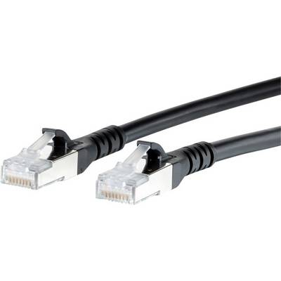 Un cavo Ethernet nero con due connettori RJ-45, utilizzato per connessioni di rete.