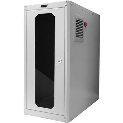 Un armadio di rete grigio con una maniglia della porta chiudibile a chiave e un'apertura di ventilazione sul lato.