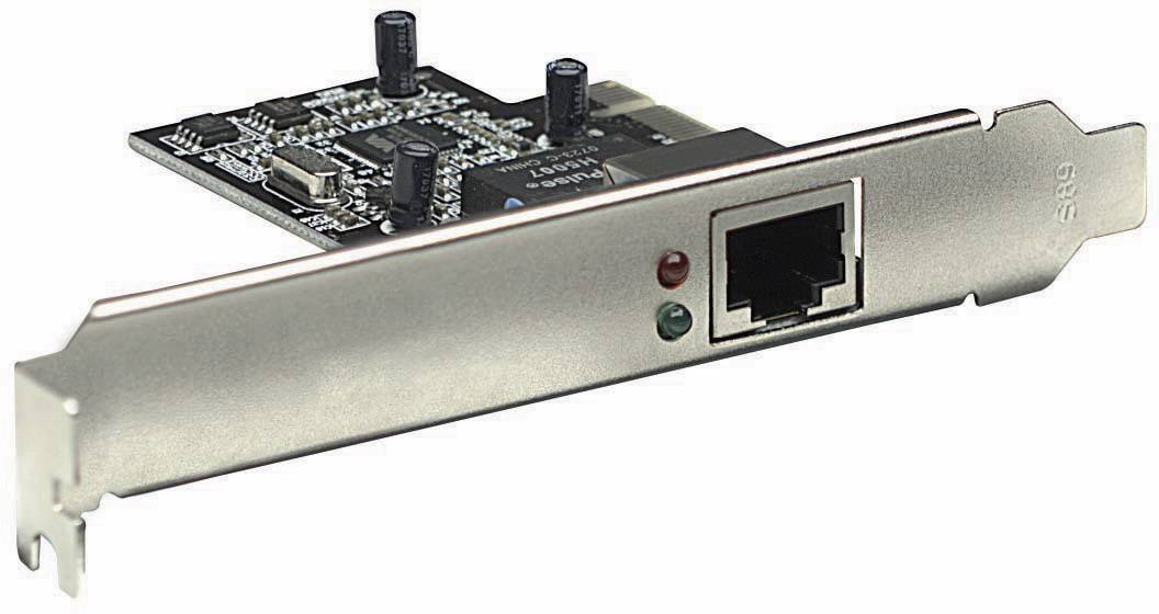 Scheda di rete con connettore Ethernet, idonea per l'installazione in un computer. Mostra la scheda madre con componenti elettrici.