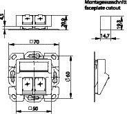 Disegno tecnico di un interruttore con dimensioni: Telaio di montaggio 70x60 mm, distanza dei fori 55 mm, vista laterale e frontale.
