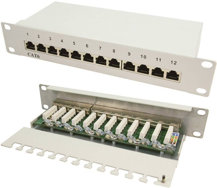 Patch panel CAT6 a 12 porte. Mostra il lato anteriore e posteriore. Il lato anteriore presenta connettori RJ45 numerati, il lato posteriore con attacchi per cavi.