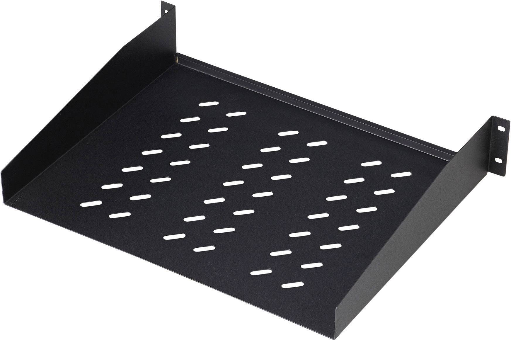 Scaffale metallico nero, forato, idoneo per il montaggio in un rack server. Dotato di fessure di ventilazione per un'adeguata aerazione.