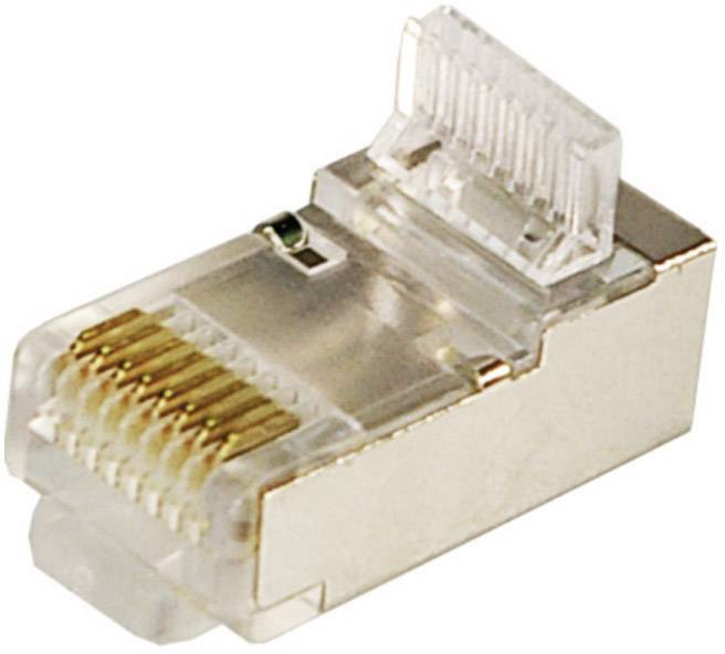 Connettore RJ45 in metallo, vista laterale. Sede di inserimento e contatti metallici visibili. Utilizzato per connessioni di rete.