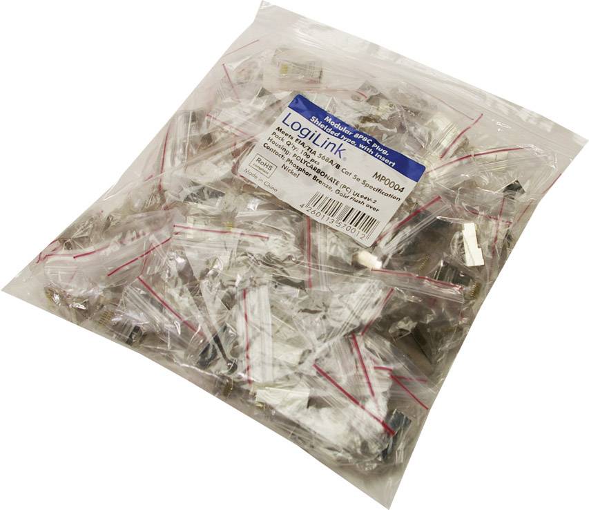 Sacchetto di plastica con numerosi inserti trasparenti in plastica per connettori RJ-45. Contiene 100 pezzi, adatti per il montaggio di cavi Ethernet.
