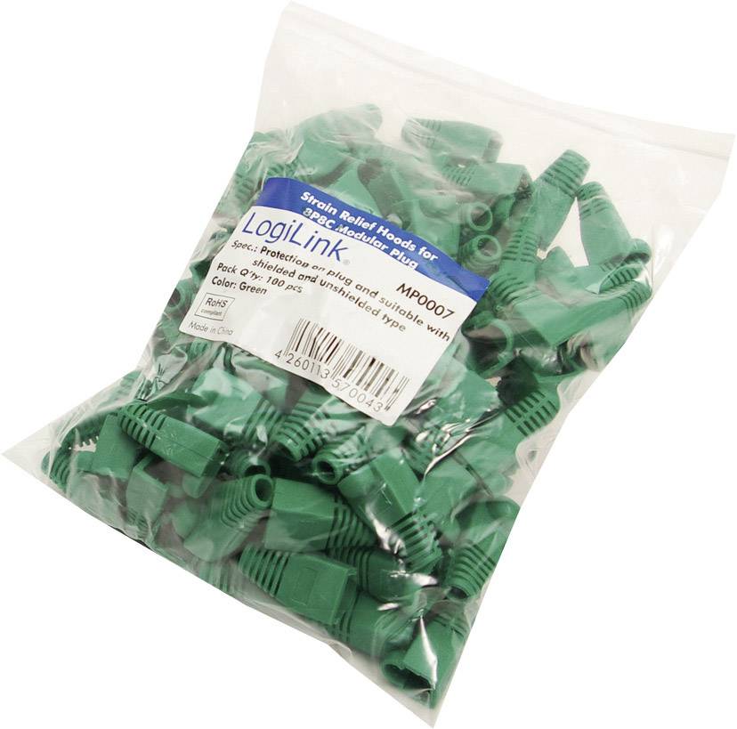 Un sacchetto di plastica trasparente contiene numerose protezioni pieghevoli verdi per cavi di rete, con un'etichetta del marchio 'LogiLink'.