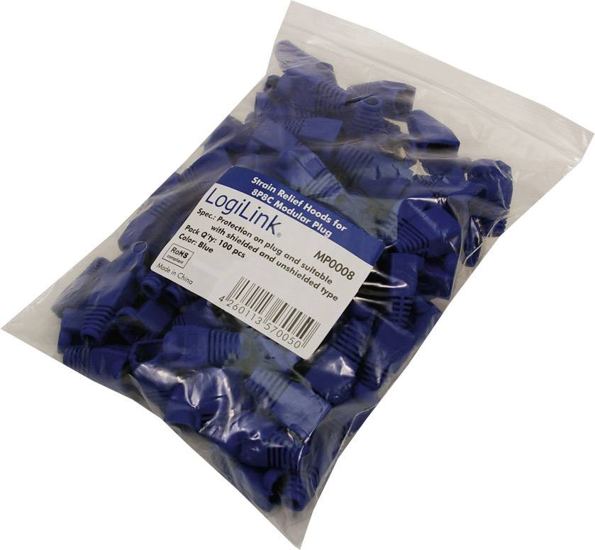 Una confezione con 100 cappucci di protezione blu per connettori RJ45 del marchio LogiLink, modello MP0009, prodotti in Cina.