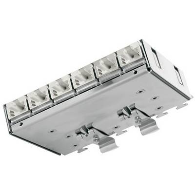 Adattatore metallico con multiple porte di connessione per cavi, idoneo per applicazioni di rete o telecomunicazioni.