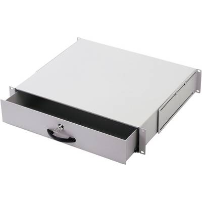 Un cassetto in argento per un rack da 19 pollici con serratura frontale, aperto per mostrare lo spazio di archiviazione. Ideale per un deposito sicuro.