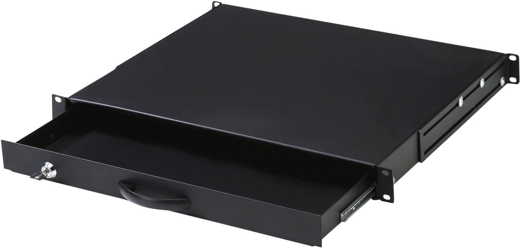 Un inserto cassetto nero con chiusura per rack da 19 pollici. Il cassetto è parzialmente aperto e rimane fissato su entrambi i lati.