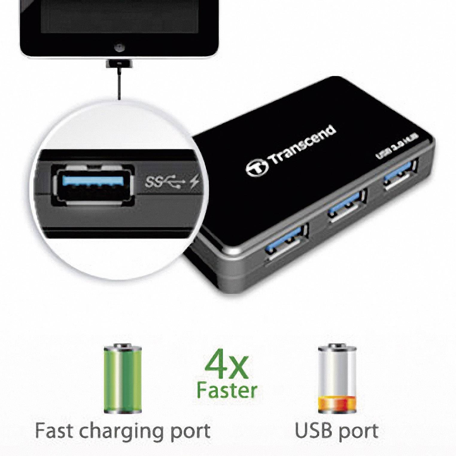 Hub USB 3.0 esterno Transcend con tre porte USB, una delle quali contrassegnata come porta per la ricarica rapida.
