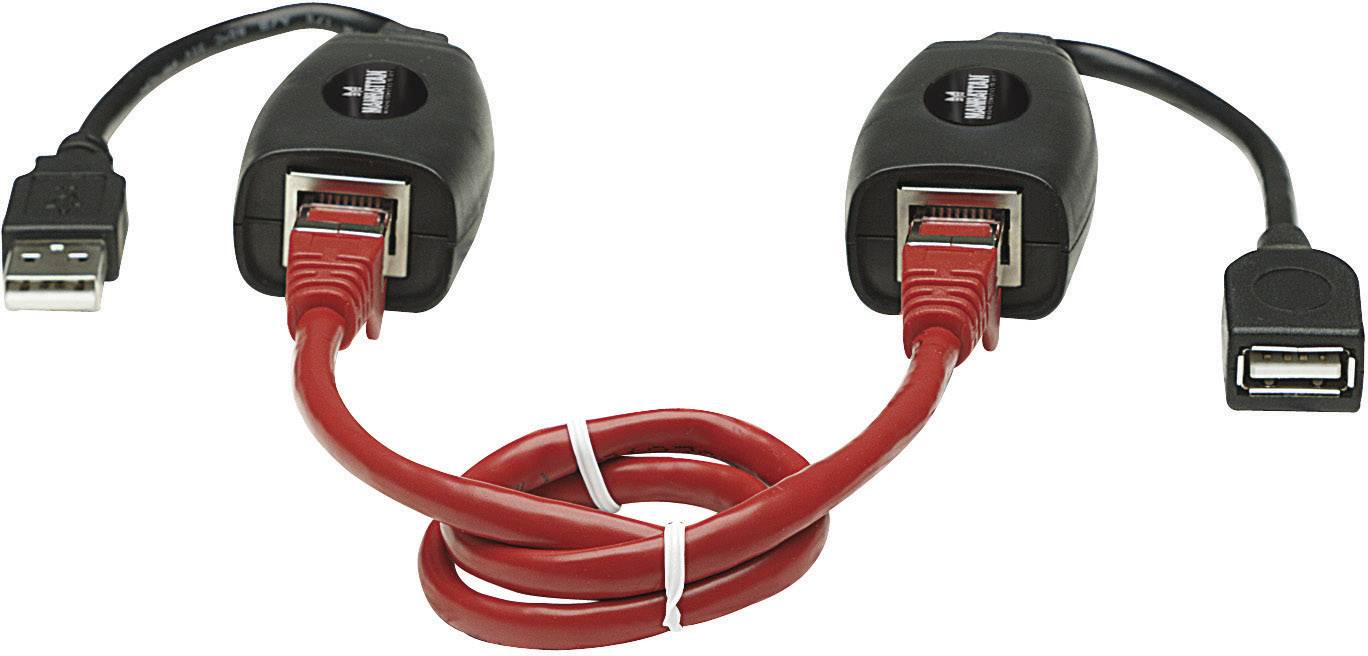 Un cavo di rete rosso collega due adattatori neri con porte USB, posizionati uno di fronte all'altro.