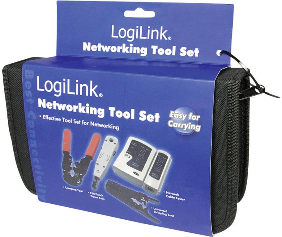 Set di strumenti di rete LogiLink: Include pinza crimpatrice, tester per cavi e utensile per spellare. Pratico per installazioni di rete.
