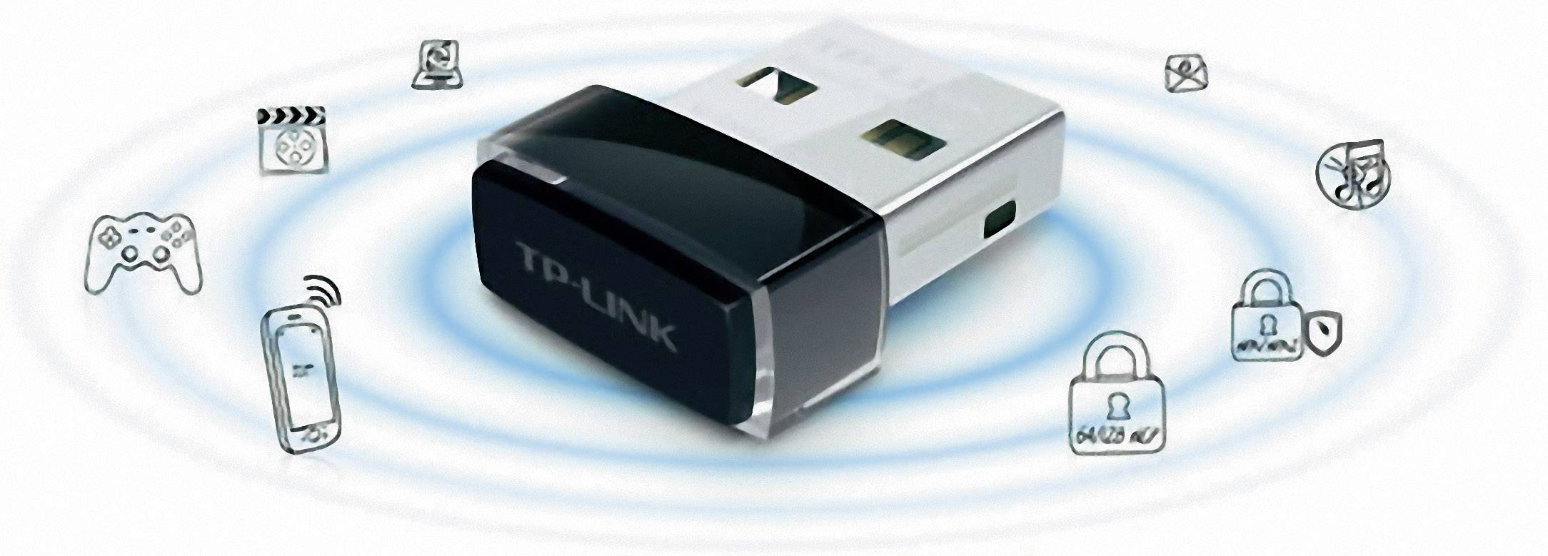 Adattatore USB Wi-Fi TP-Link con icone circostanti per gaming, streaming, segnale smartphone, sicurezza e Wi-Fi.