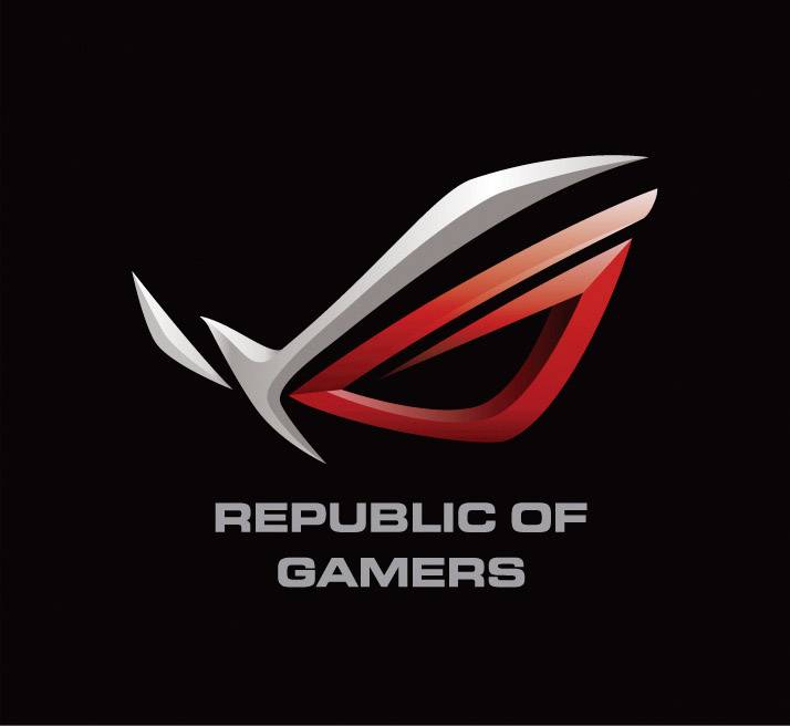 Logo di 'Republic of Gamers': occhio stilizzato e astratto in rosso e argento su sfondo nero.