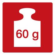 "60 g" è scritto in bianco su un'icona nera del peso, su uno sfondo azzurro chiaro.