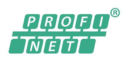 Logo 'PROFINET' con rettangoli stilizzati viola interconnessi su sfondo nero.