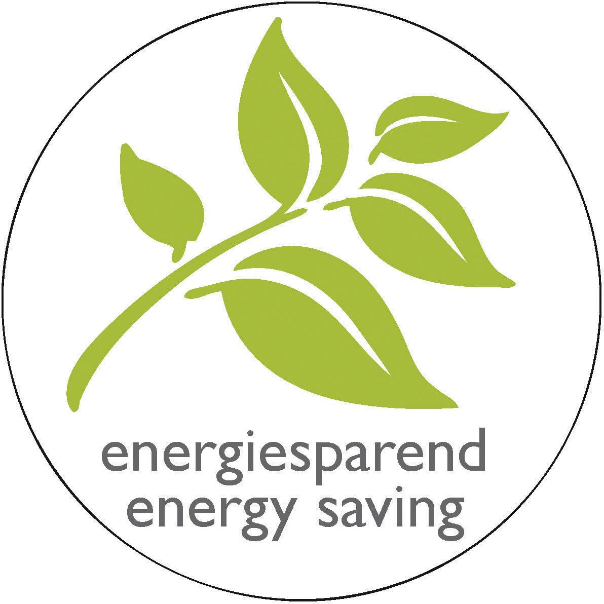 Una foglia verde con il simbolo sotto il testo 'energiesparend energy saving', che simboleggia prodotti o misure a risparmio energetico.