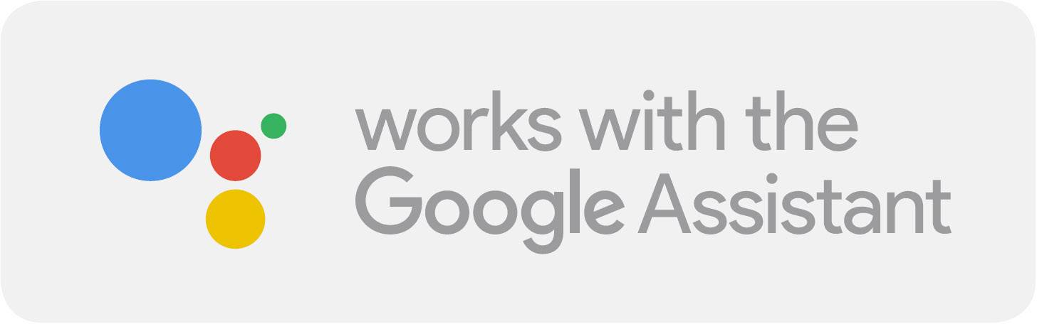 Logo con il testo 'funziona con Google Assistant'. A sinistra tre cerchi colorati che simboleggiano Google Assistant.