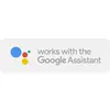 Logo con il testo 'funziona con Google Assistant'. A sinistra tre cerchi colorati che simboleggiano Google Assistant.