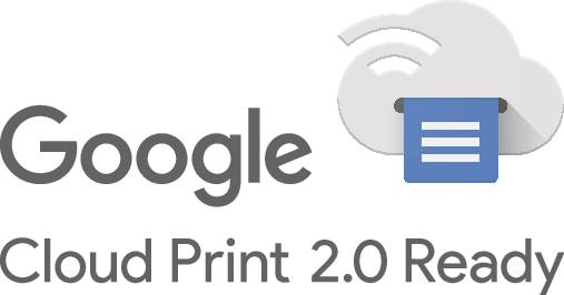 Logo 'Pronto per Google Cloud Print 2.0' con simboli di nuvole e stampa, che indica la compatibilità con i servizi di stampa cloud di Google.