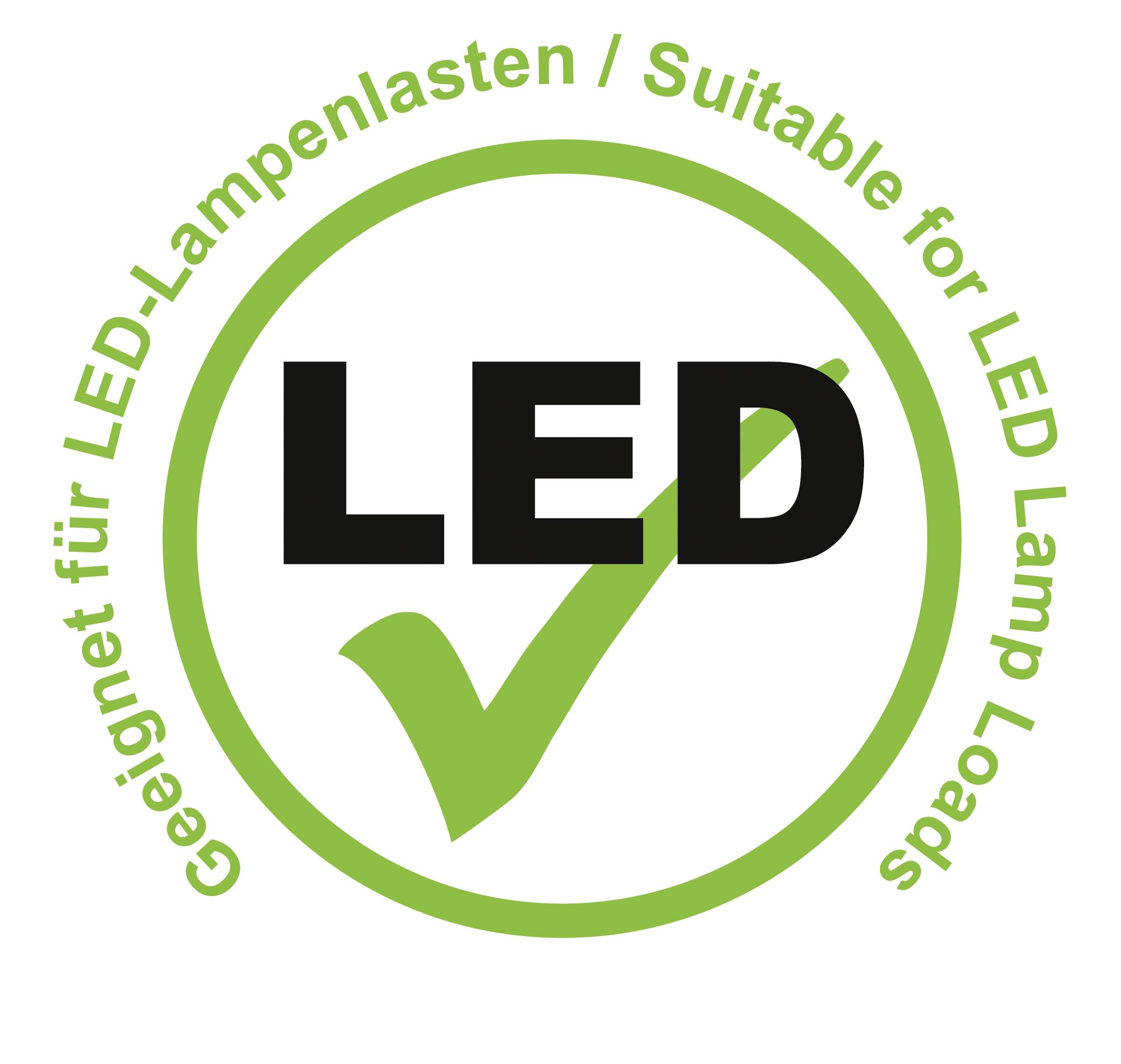 'Adatto per carichi di lampade LED' scritto in testo verde accanto a un grande 'LED' in grassetto con un segno di spunta verde.