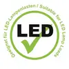 'Adatto per carichi di lampade LED' scritto in testo verde accanto a un grande 'LED' in grassetto con un segno di spunta verde.