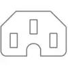 Un semplice simbolo geometrico stilizzato a forma di casa con tre finestre e un arco aperto come ingresso.