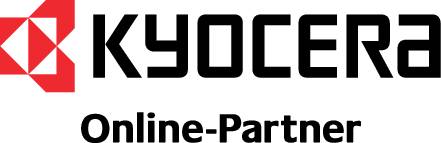 Logo con simbolo geometrico a sinistra e testo 'Kyocera Online Partner' sottostante in lettere chiare e bianche.
