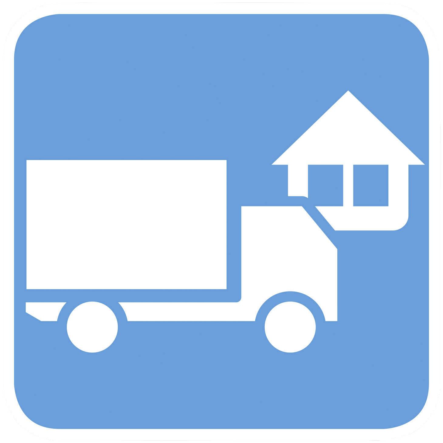 Un simbolo raffigura un camion con un tetto di casa sopra, che potrebbe indicare servizi di trasloco o trasporto.