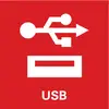 Simbolo rosso con simbolo USB bianco e testo "USB" sotto.